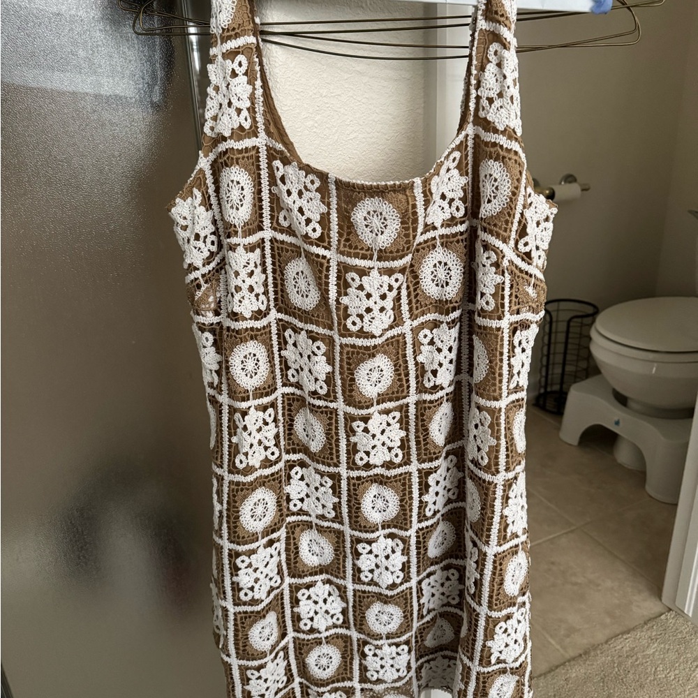 LOFT Crochet Patterned Dress in Brown and White